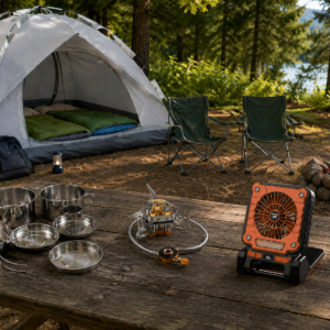 Family weekend camping starter kit with tent, cookware, stove and lantern